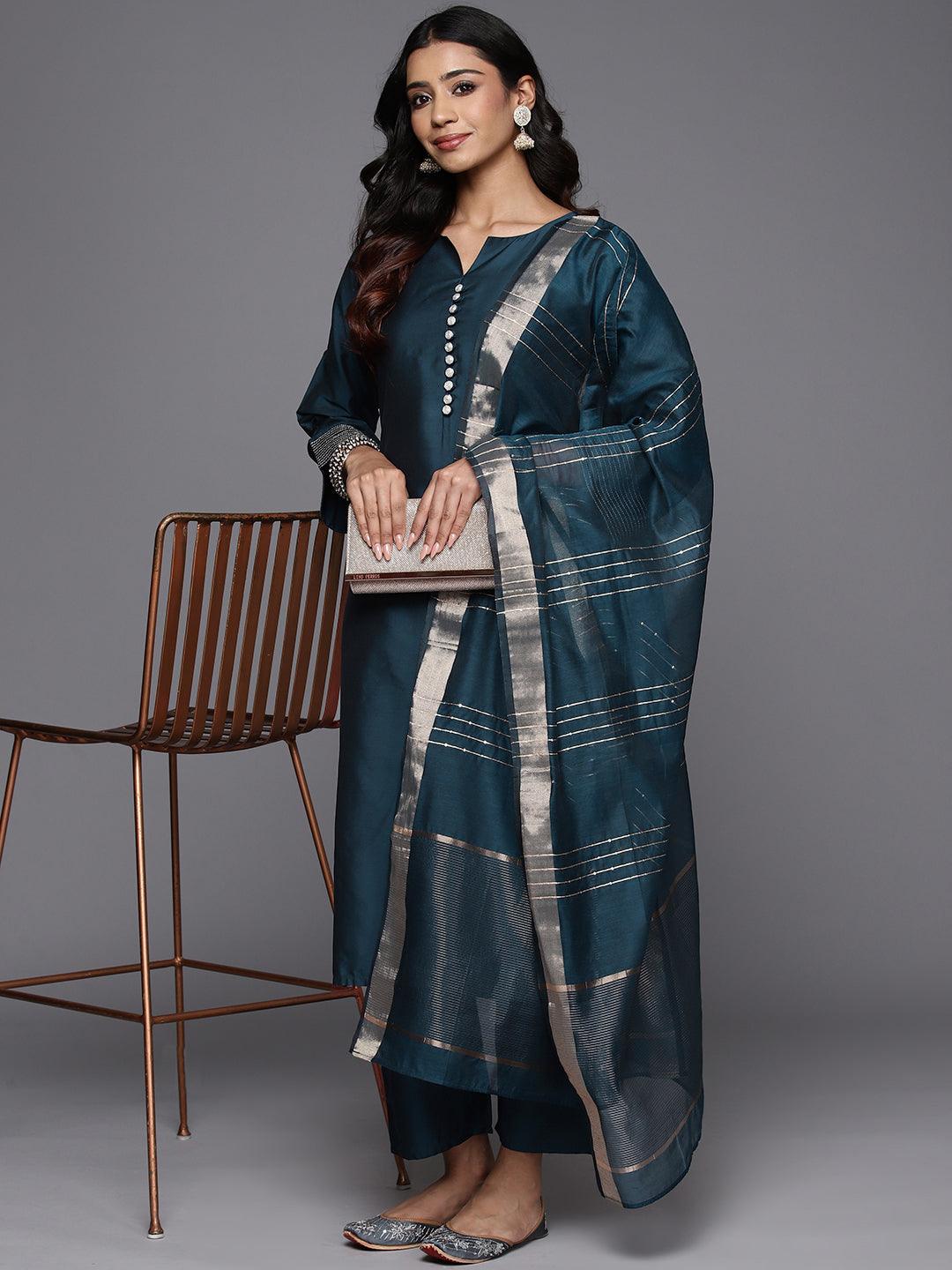 Blue Solid Silk Blend Straight Suit With Dupatta