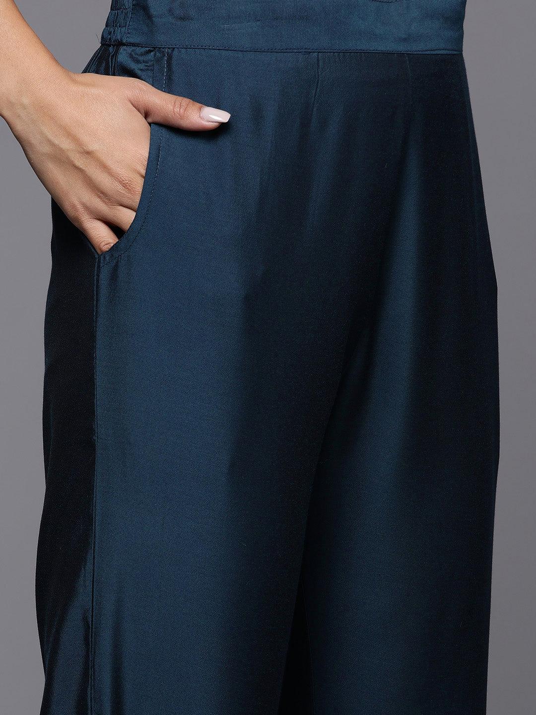Blue Solid Silk Blend Straight Kurta With Trousers & Dupatta - Libas