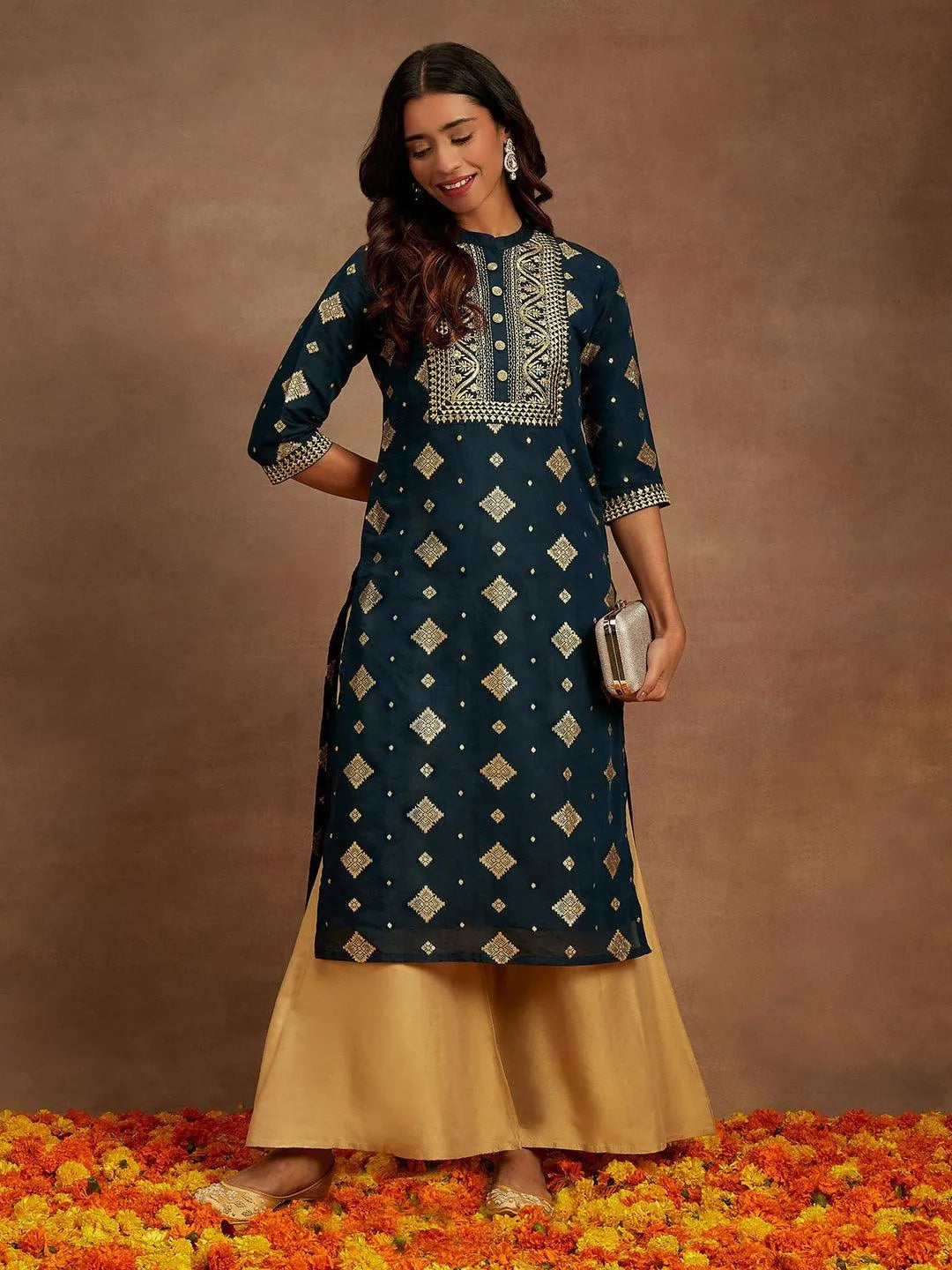 Blue Woven Design Chanderi Silk Straight Kurta - Libas