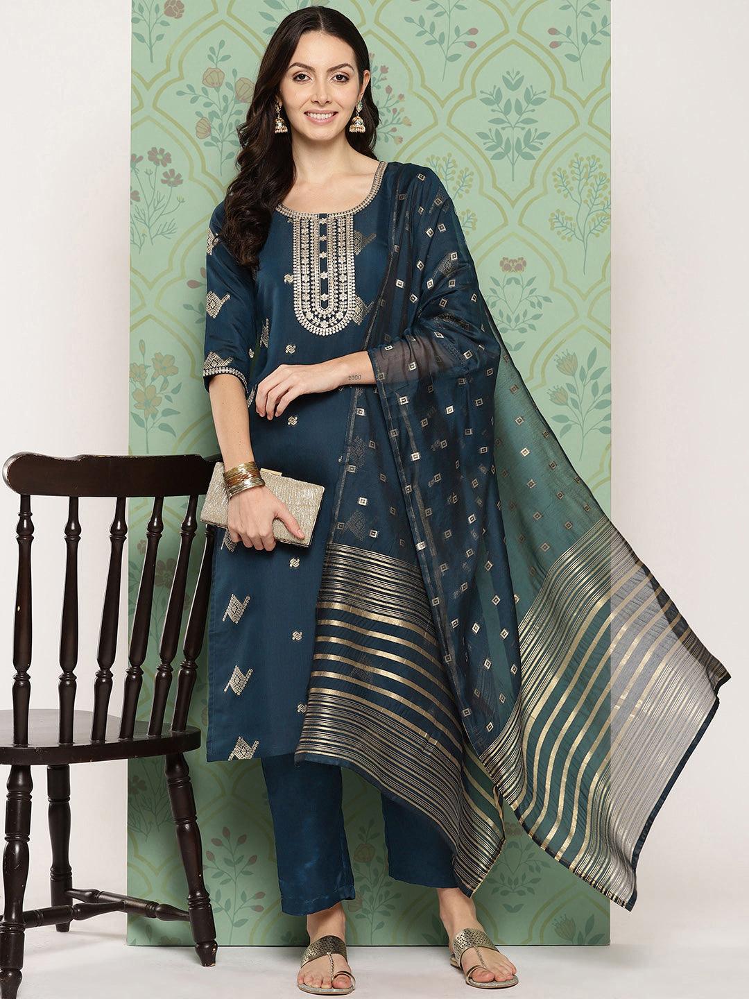 Blue Woven Design Chanderi Silk Straight Suit With Dupatta
