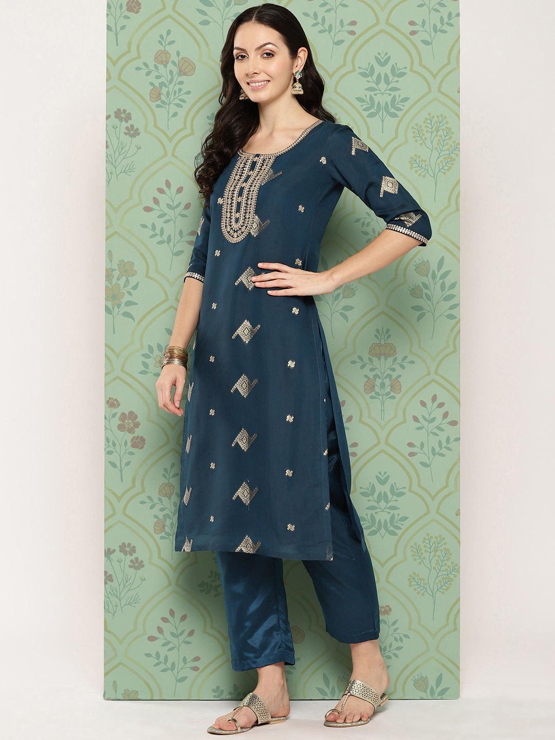 Blue Woven Design Chanderi Silk Straight Suit With Dupatta