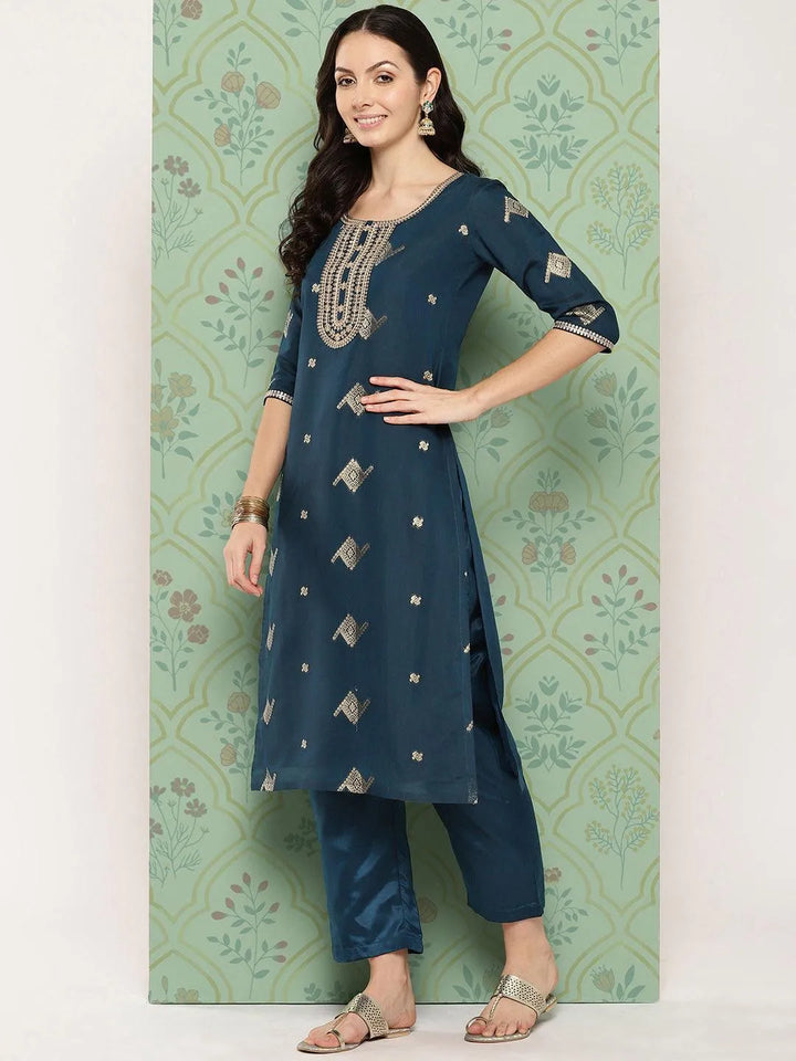 Blue Woven Design Chanderi Silk Straight Kurta With Trousers & Dupatta - Libas