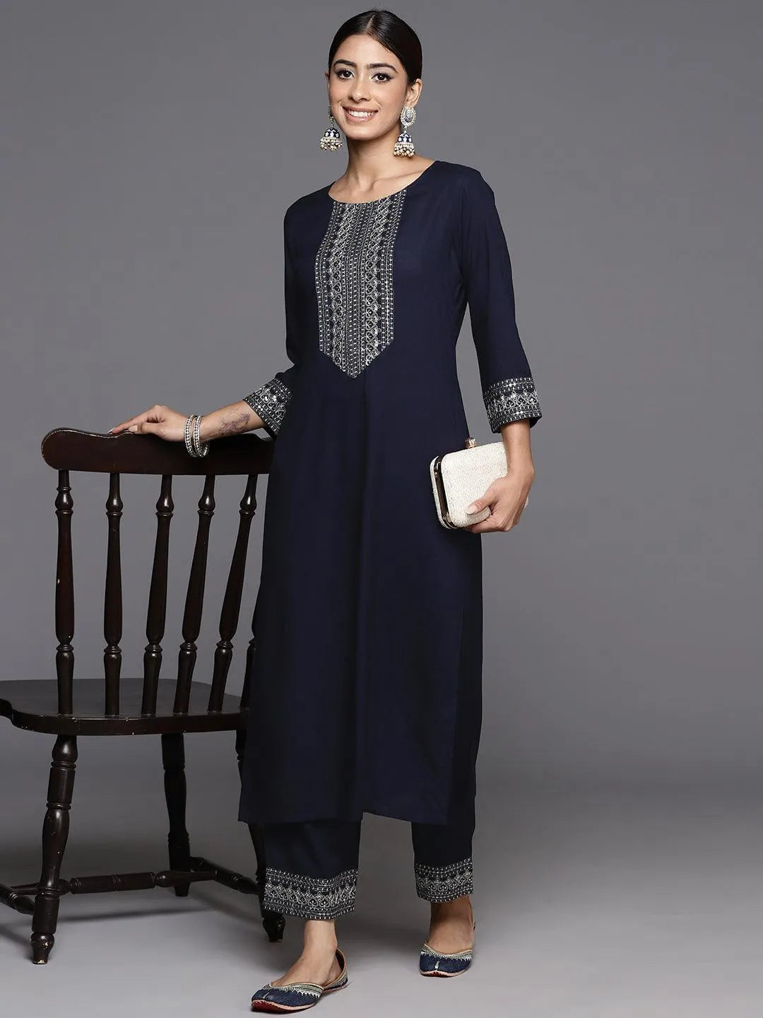 Blue Yoke Design Rayon Straight Kurta With Trousers - Libas 