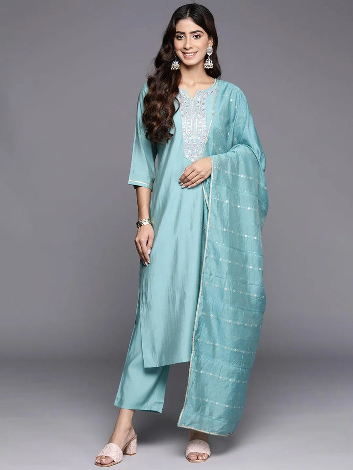 Blue Yoke Design Silk Blend Straight Kurta With Trousers & Dupatta - Libas
