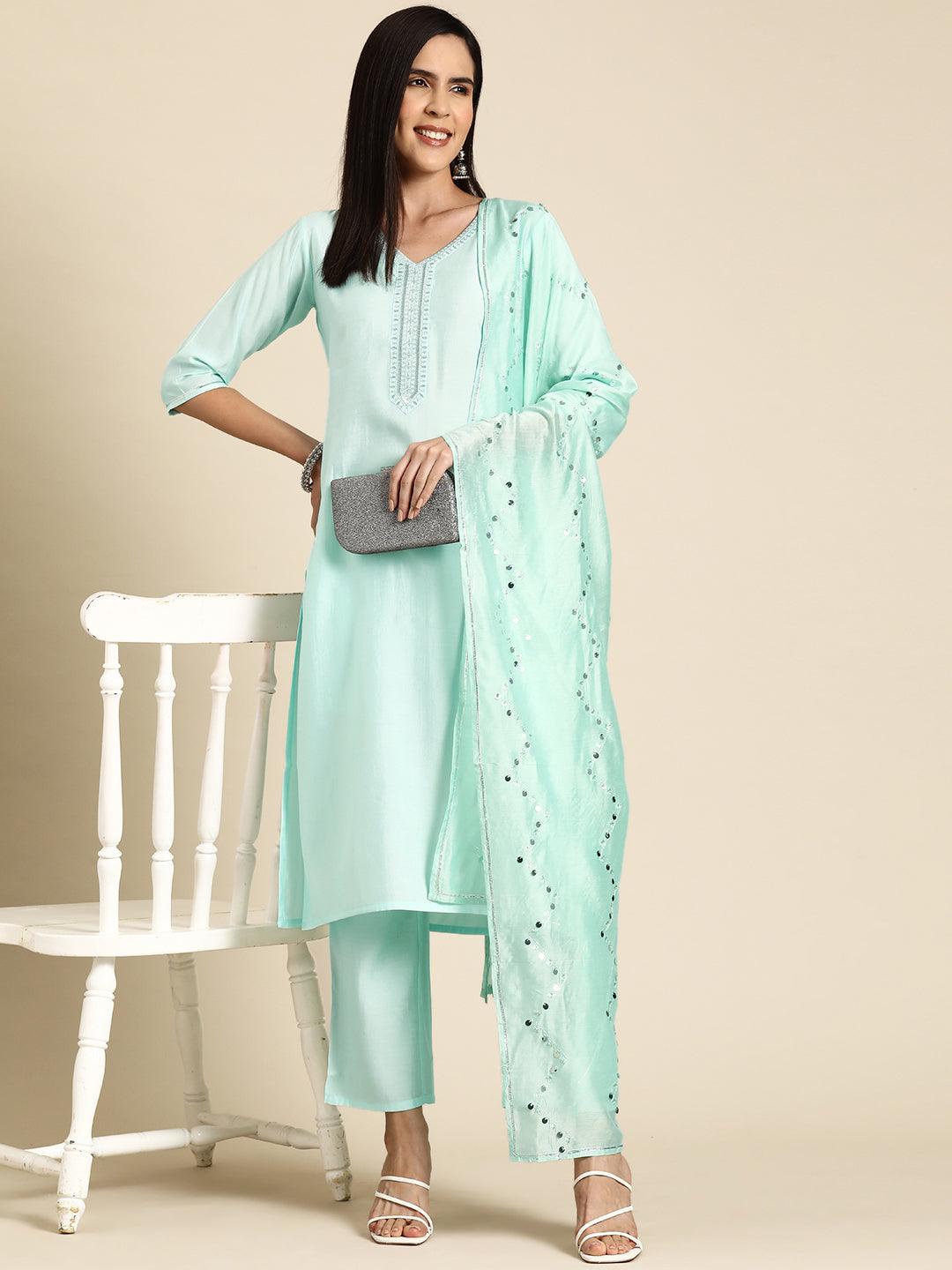 Blue Yoke Design Silk Blend Straight Suit With Dupatta