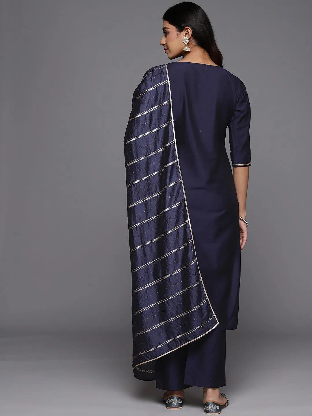 Blue Yoke Design Silk Blend Straight Kurta With Trousers & Dupatta - Libas 