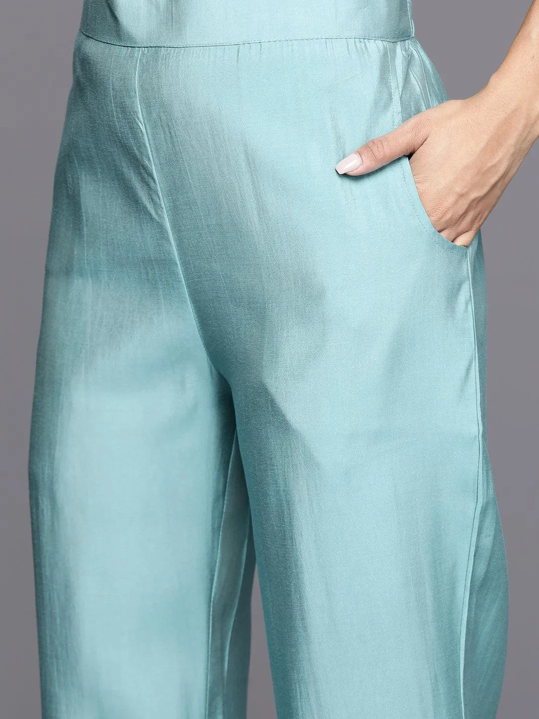 Blue Yoke Design Silk Blend Straight Kurta With Trousers & Dupatta - Libas 