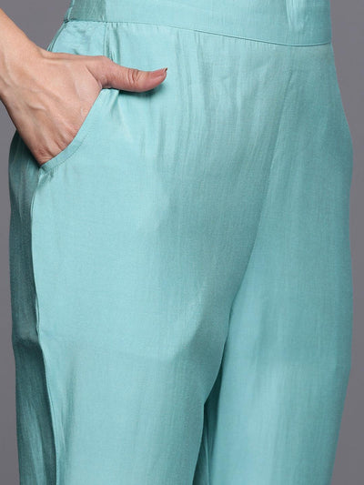 Blue Yoke Design Silk Blend Straight Kurta With Trousers & Dupatta - Libas