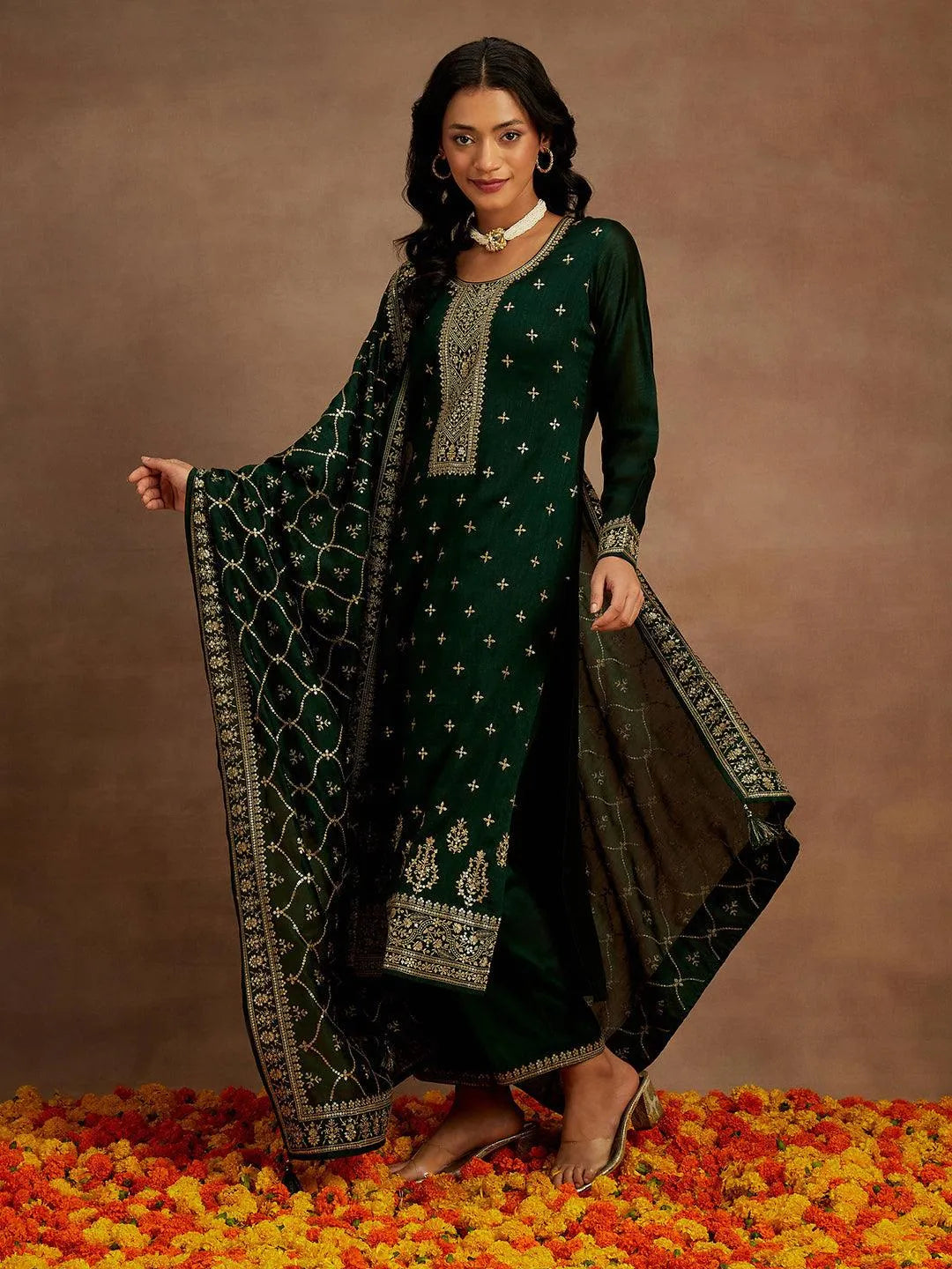 libas Green Embroidered Silk Blend Straight Suit With Dupatta-picture-26