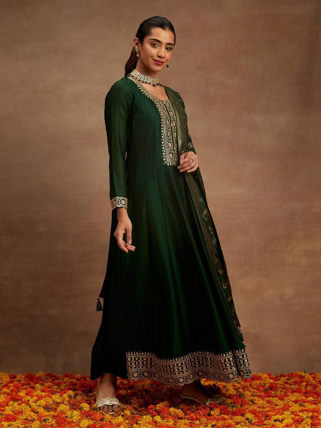 Bottle Green Yoke Design Silk Blend Anarkali Kurta With Trousers & Dupatta - Libas