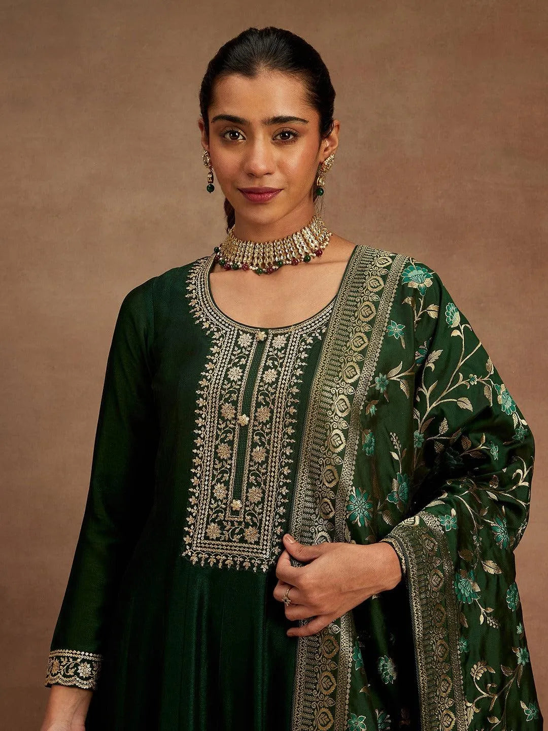 Bottle Green Yoke Design Silk Blend Anarkali Kurta With Trousers & Dupatta - Libas 