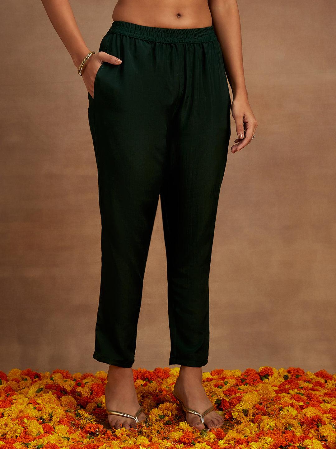 Bottle Green Yoke Design Silk Blend Straight Kurta With Trousers & Dupatta - Libas