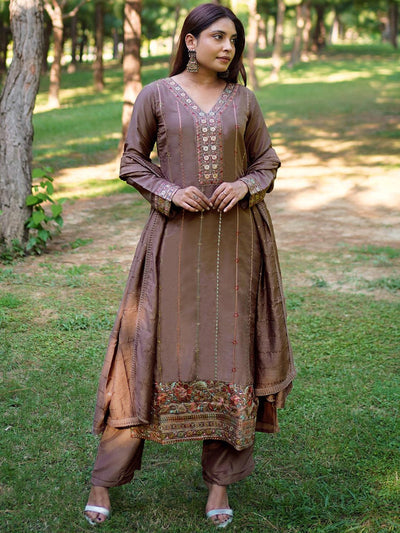 Brown Embroidered Silk Straight Kurta With Trousers & Dupatta - Libas