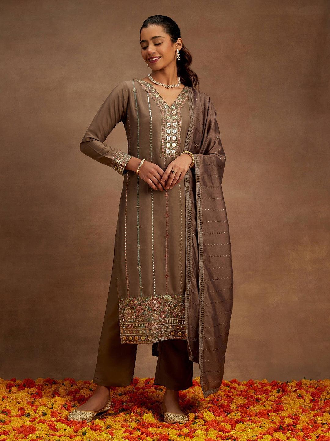 Brown Embroidered Silk Straight Suit With Dupatta