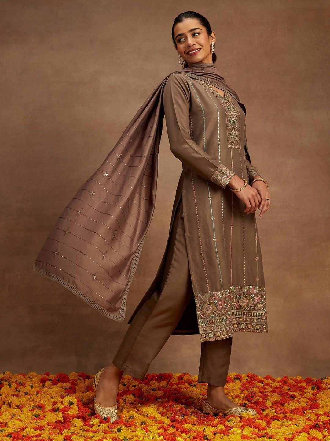 Brown Embroidered Silk Straight Suit With Dupatta