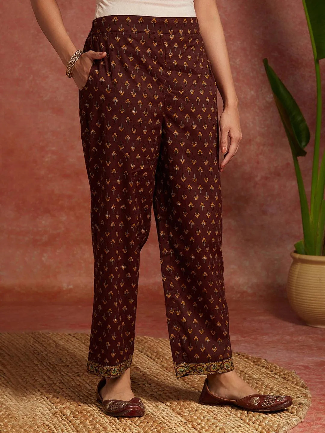 Brown Printed Cotton A-Line Kurta With Trousers & Dupatta - Libas 