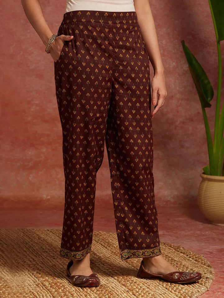 Brown Printed Cotton A-Line Kurta With Trousers & Dupatta - Libas