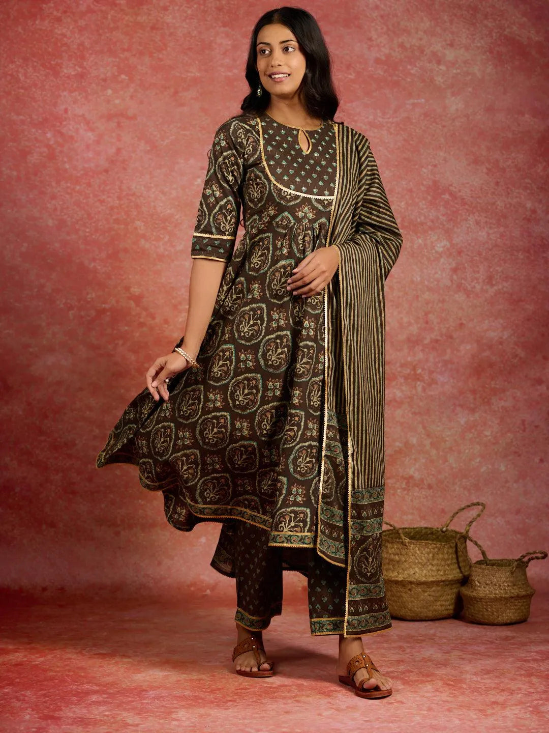 Brown Printed Cotton Kurta With Trousers & Dupatta - Libas 
