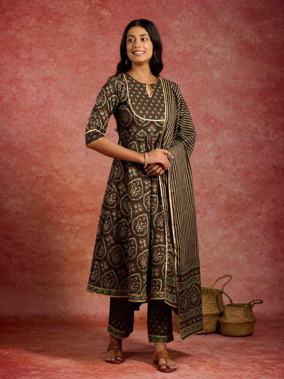Brown Printed Cotton Kurta With Trousers & Dupatta - Libas 
