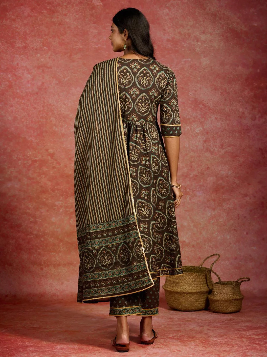 Brown Printed Cotton Kurta With Trousers & Dupatta - Libas 