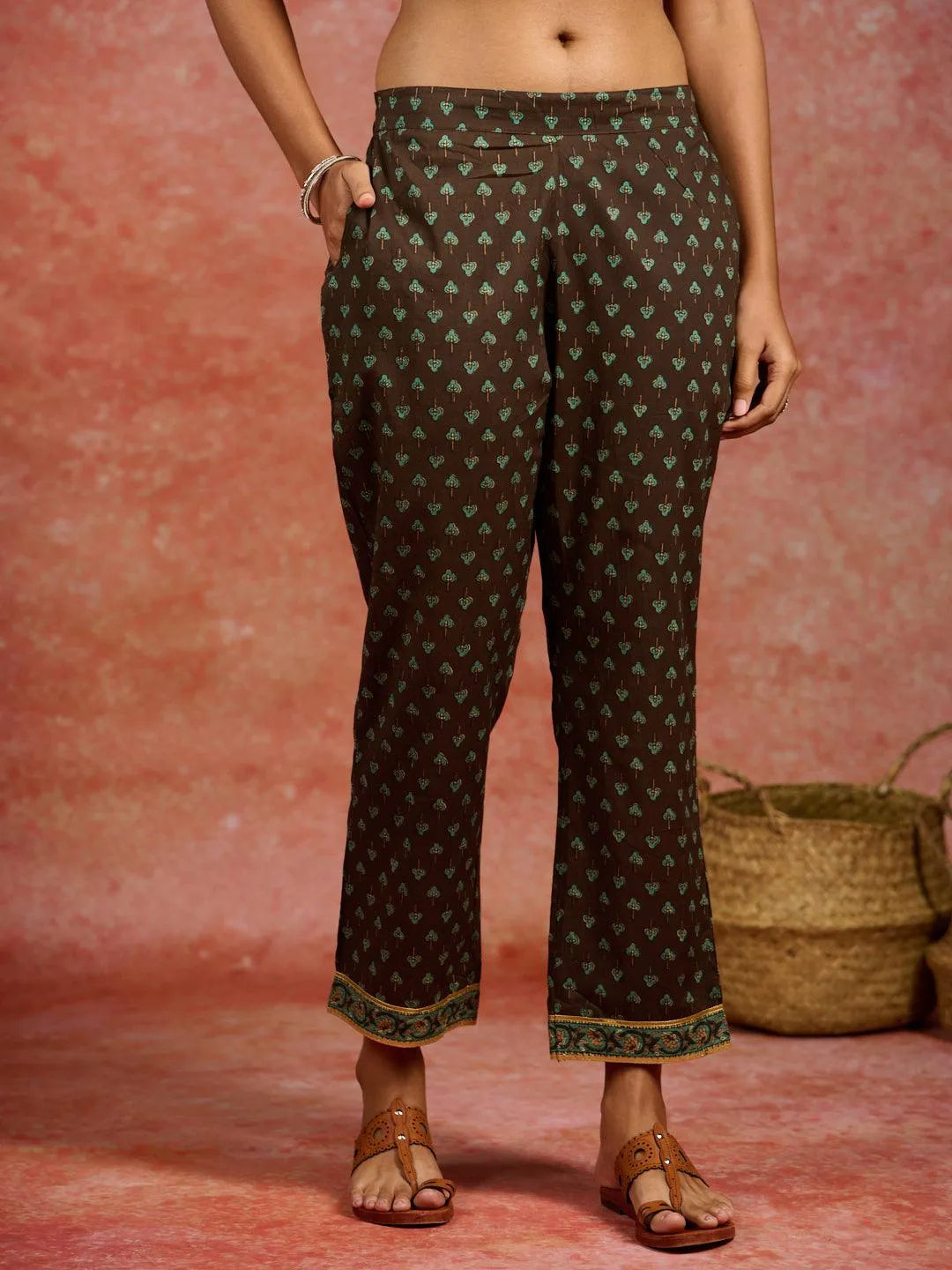 Brown Printed Cotton Kurta With Trousers & Dupatta - Libas 