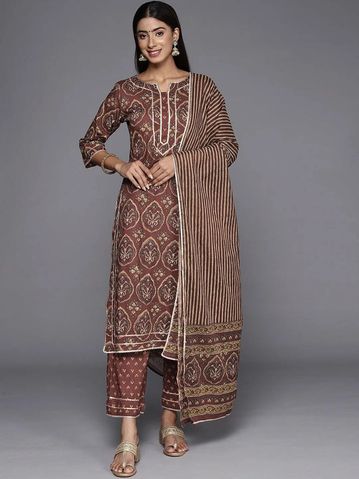 Brown Printed Cotton Straight Kurta With Trousers and Dupatta - Libas