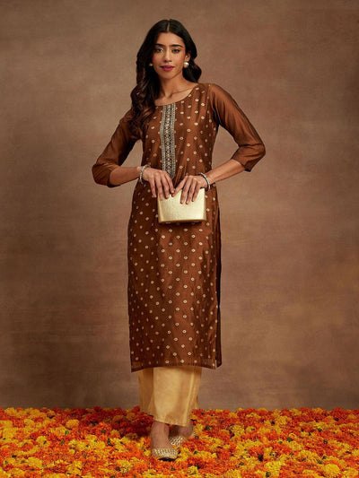 Brown Woven Design Chanderi Silk Straight Kurta - Libas