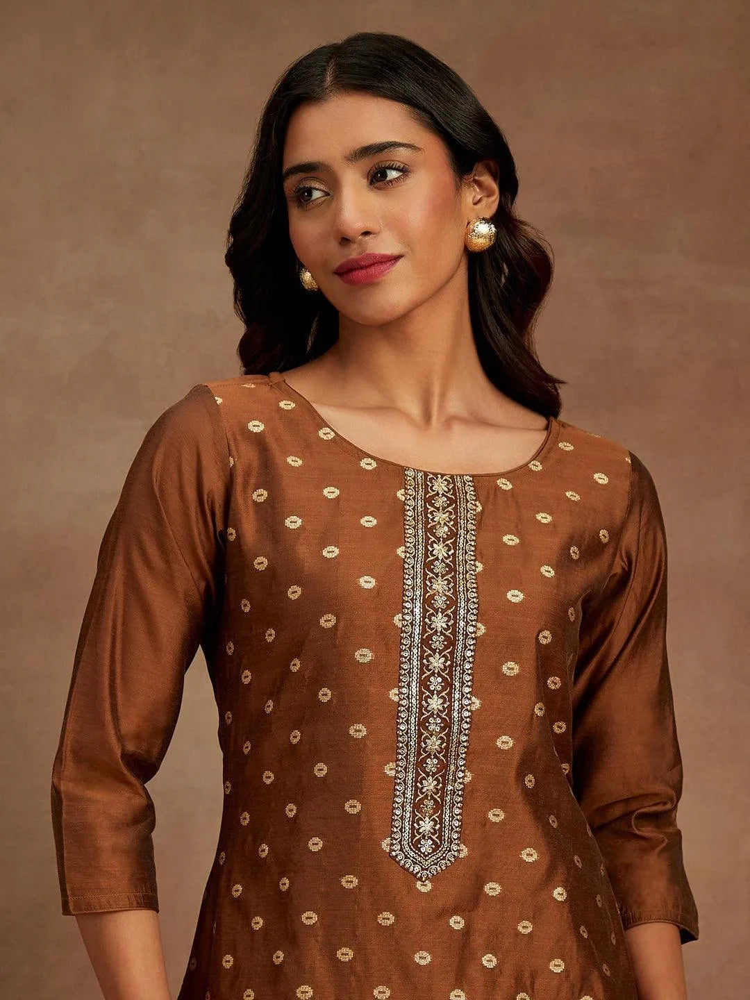 Brown Woven Design Chanderi Silk Straight Kurta - Libas 