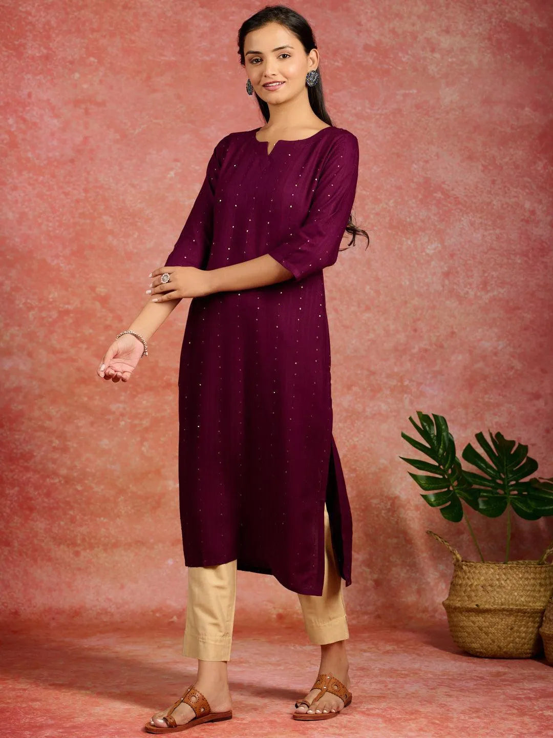 Plus Size Burgundy Yoke Design Rayon Straight Kurta Set