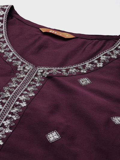 Burgundy Embroidered Silk Blend Straight Kurta With Trousers & Dupatta - Libas