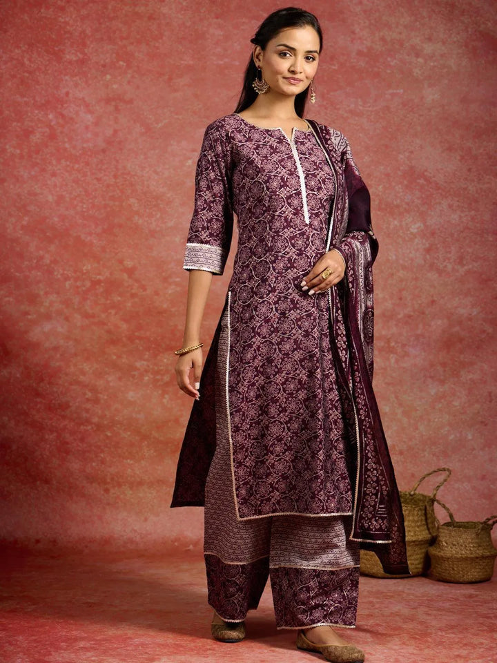 Burgundy Printed Silk Blend Straight Kurta With Palazzos & Dupatta - Libas