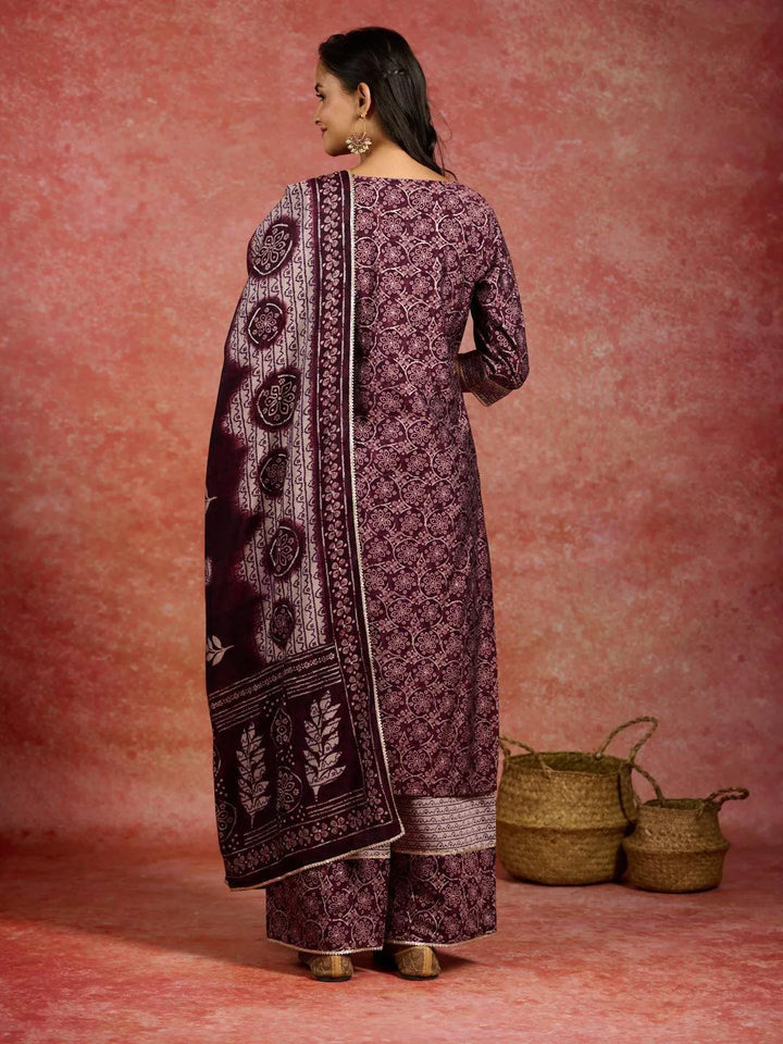 Burgundy Printed Silk Blend Straight Kurta With Palazzos & Dupatta - Libas