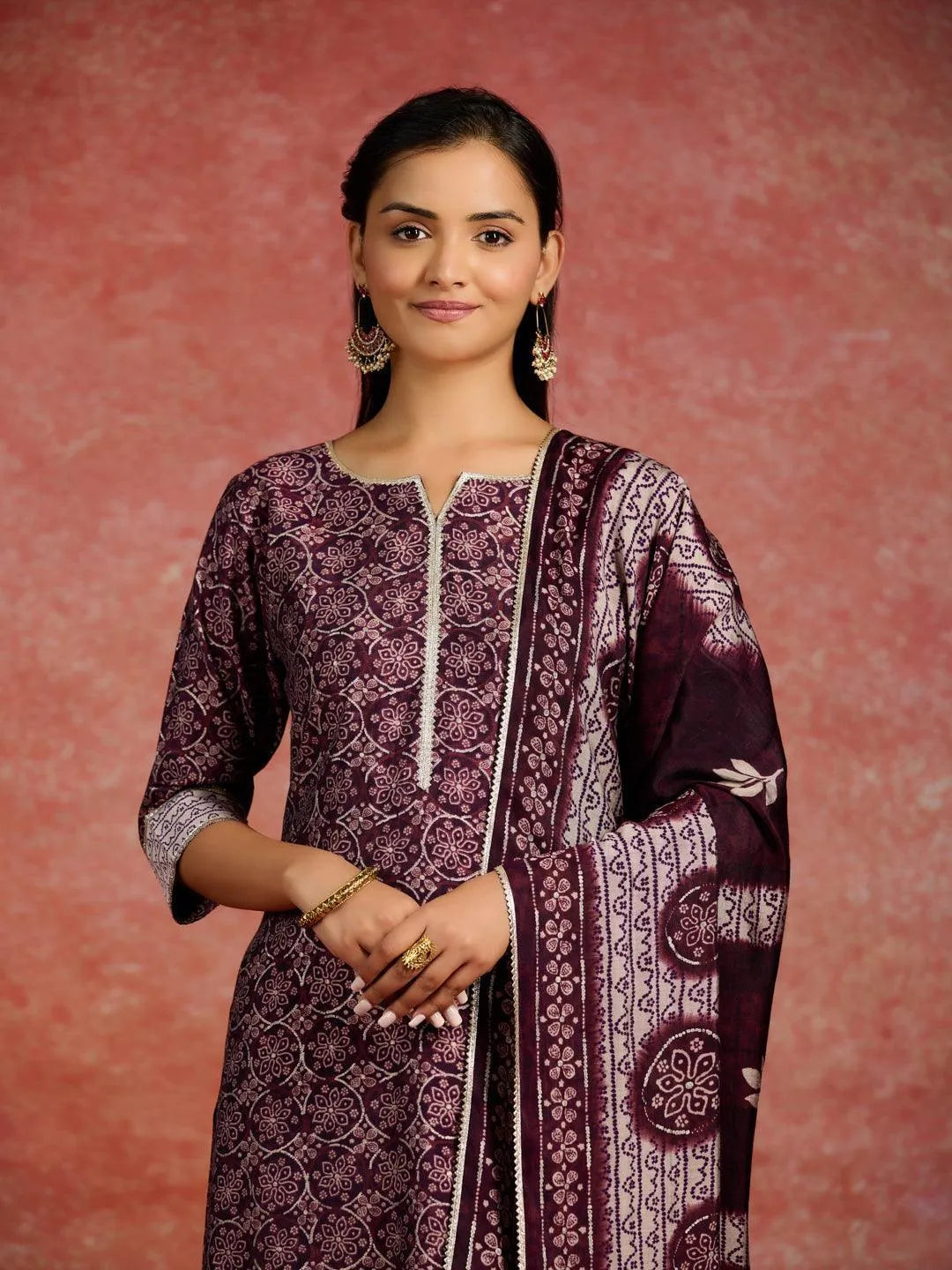 Burgundy Printed Silk Blend Straight Kurta With Palazzos & Dupatta - Libas 