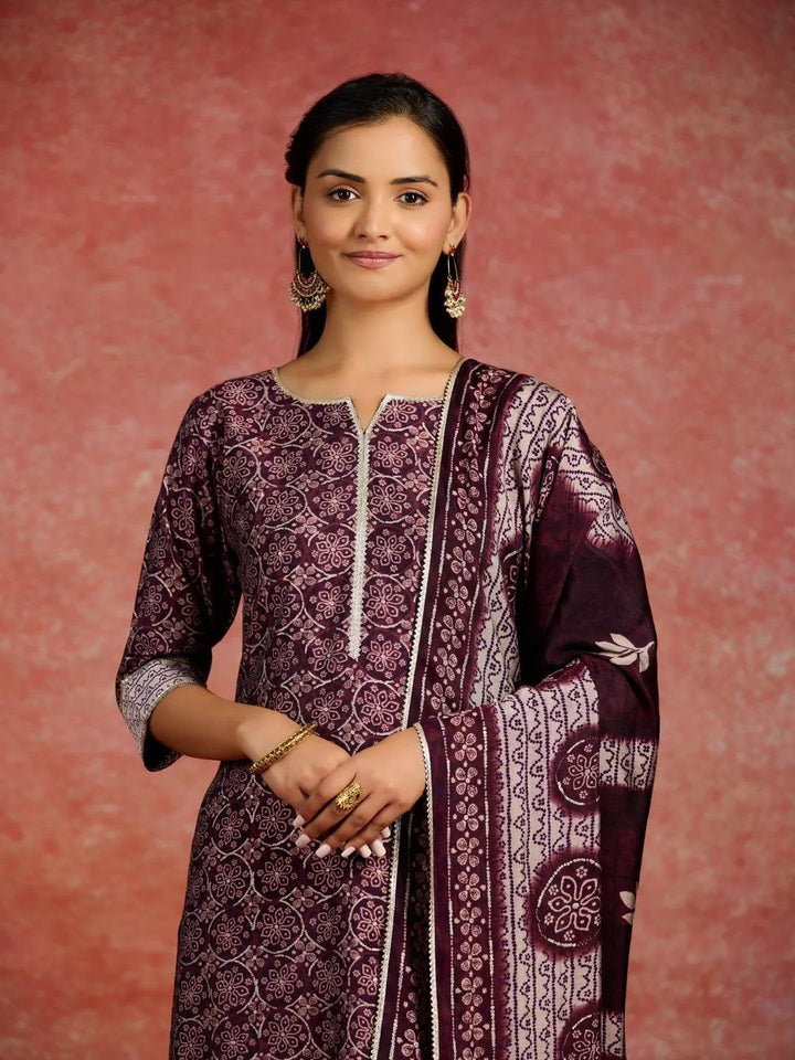 Burgundy Printed Silk Blend Straight Kurta With Palazzos & Dupatta - Libas