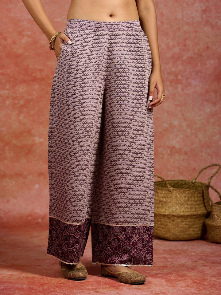 Burgundy Printed Silk Blend Straight Kurta With Palazzos & Dupatta - Libas