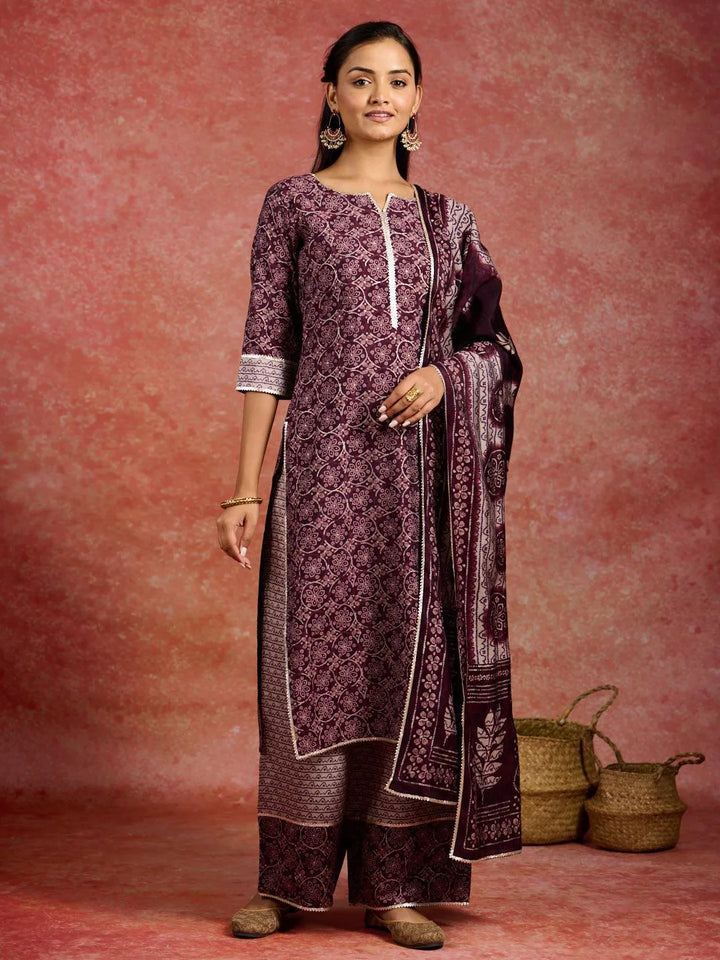 Burgundy Printed Silk Blend Straight Kurta With Palazzos & Dupatta - Libas