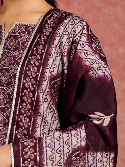 Burgundy Printed Silk Blend Straight Kurta With Palazzos & Dupatta - Libas