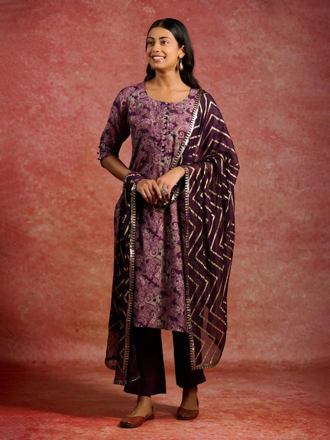 Burgundy Printed Silk Blend Straight Kurta With Trousers & Dupatta - Libas