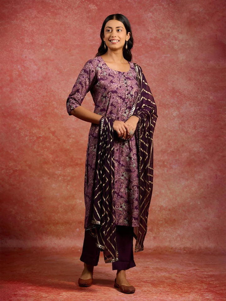 Burgundy Printed Silk Blend Straight Kurta With Trousers & Dupatta - Libas