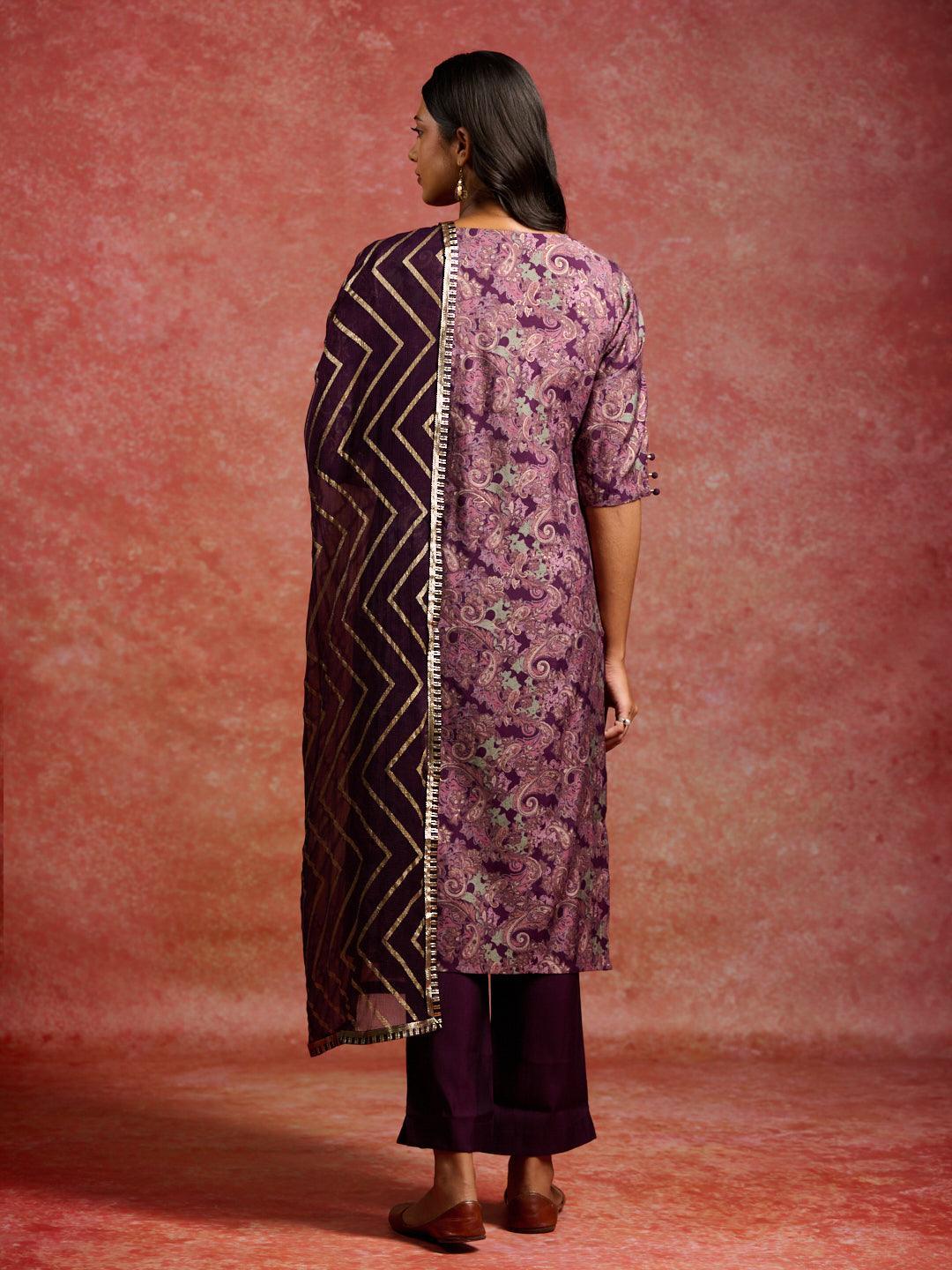 Burgundy Printed Silk Blend Straight Suit With Dupatta