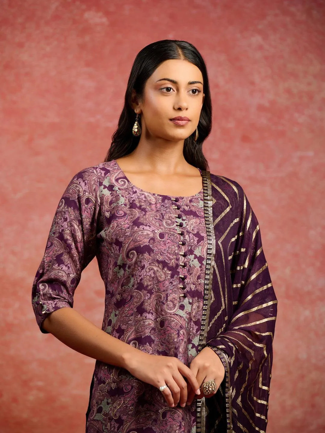 Burgundy Printed Silk Blend Straight Kurta With Trousers & Dupatta - Libas 