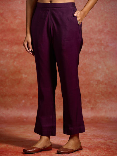 Burgundy Printed Silk Blend Straight Kurta With Trousers & Dupatta - Libas