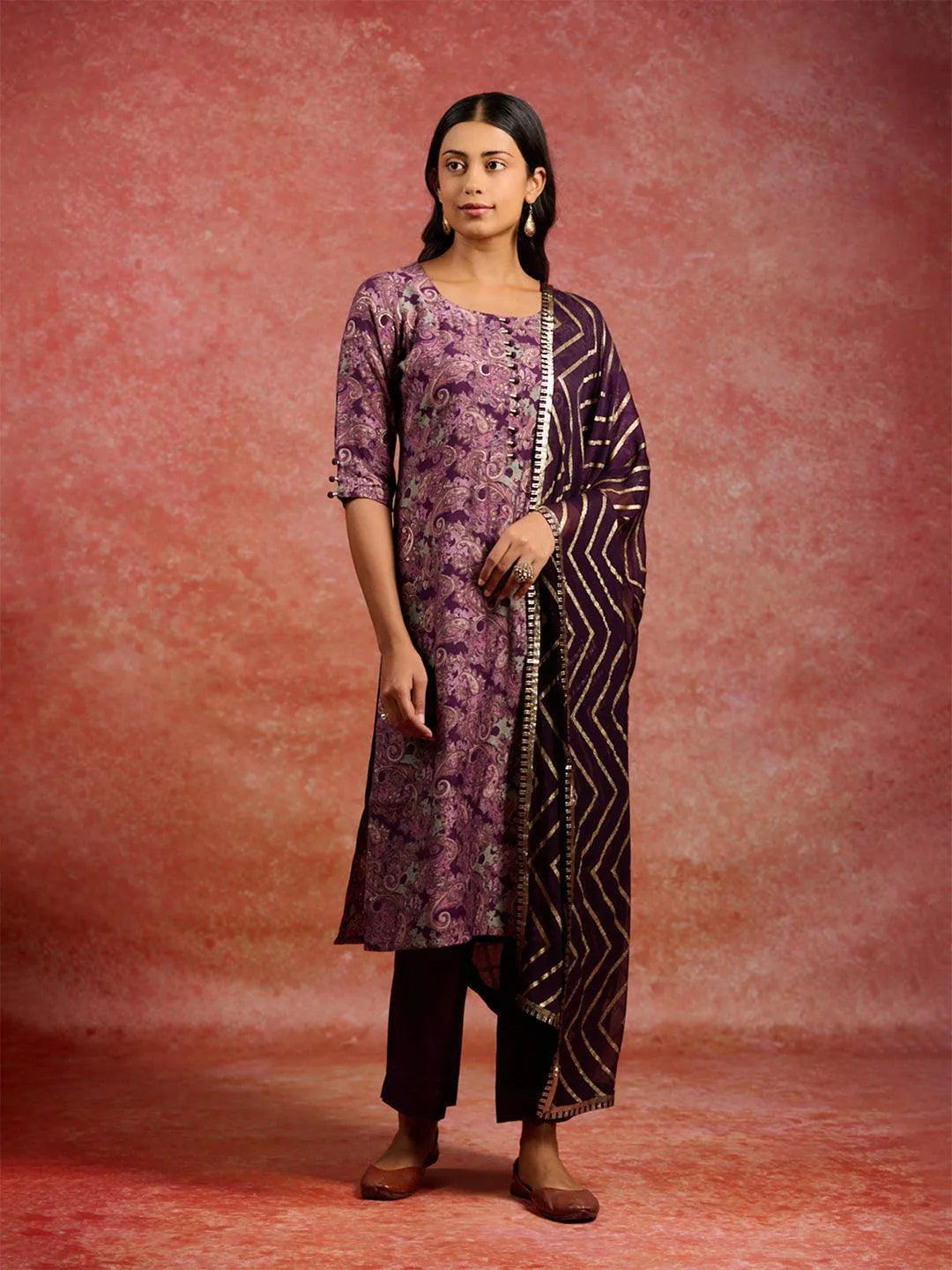 Burgundy Printed Silk Blend Straight Kurta With Trousers & Dupatta - Libas 