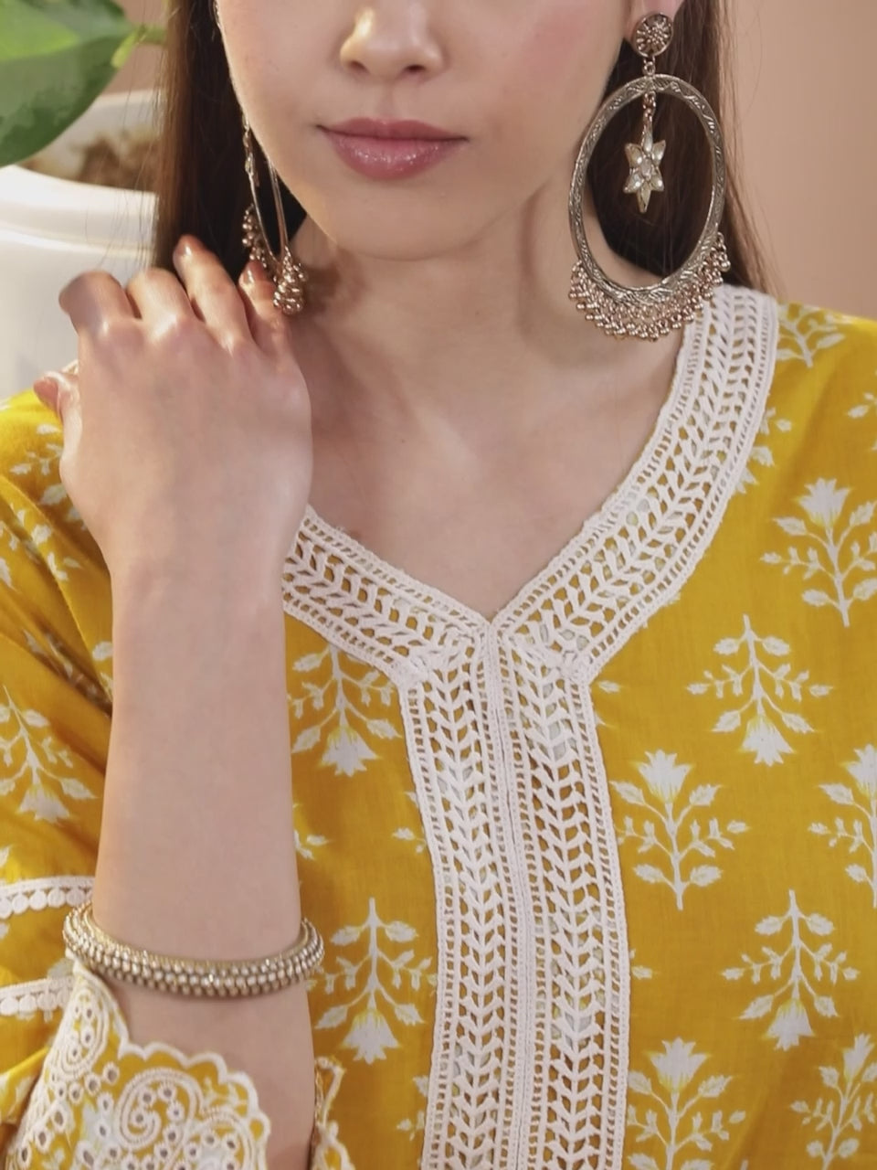  Yellow Printed Cotton Straight Kurta With Palazzos & Dupatta 