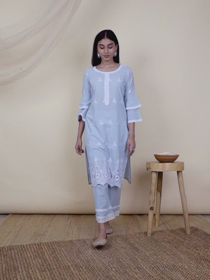 Blue Embroidered Cotton Kurta