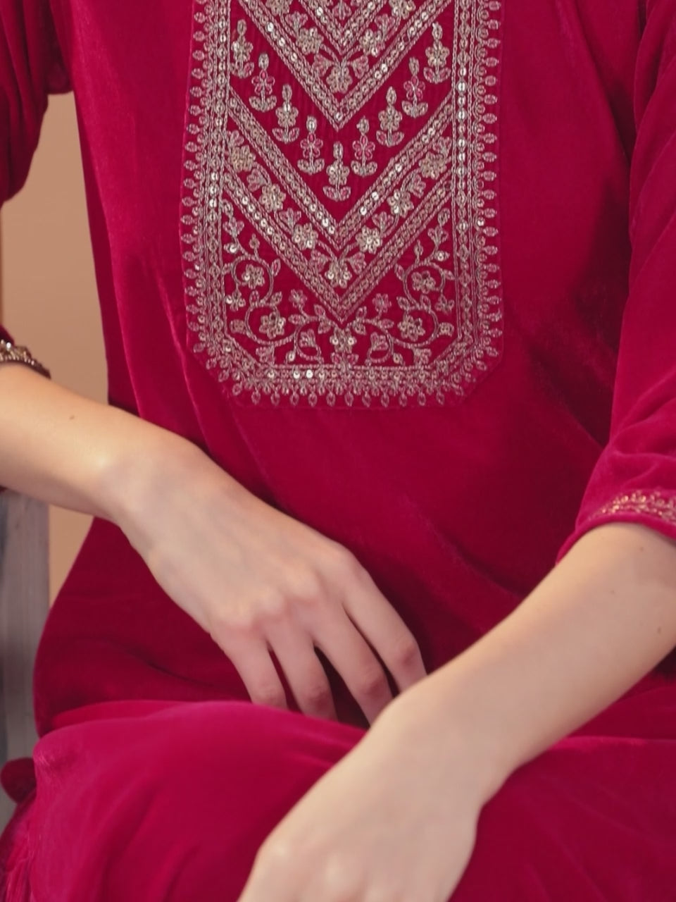 Pink Embroidered Velvet Straight Kurta With Dupatta