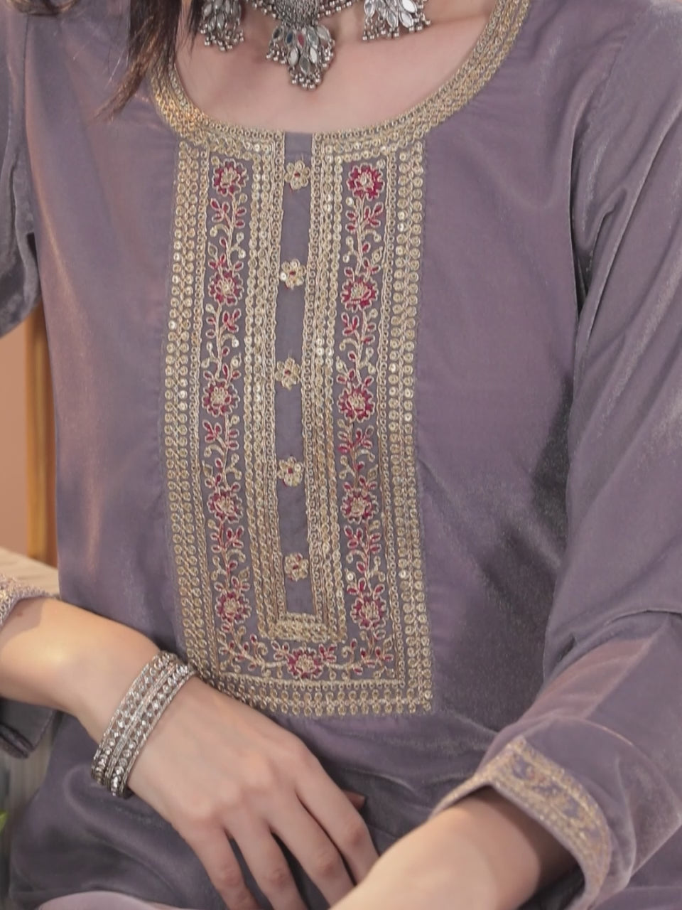  Mauve Yoke Design Velvet Straight Kurta With Trousers & Dupatta 