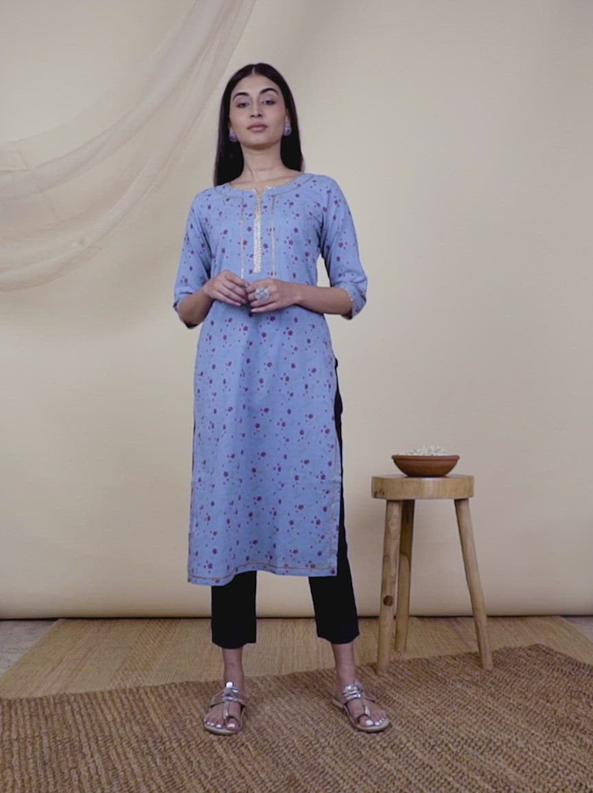 Blue Printed Cotton Kurta