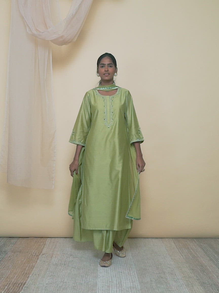 Green Embroidered Silk Straight Kurta With Sharara & Dupatta