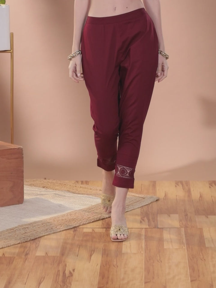 Maroon Solid Cotton Trousers